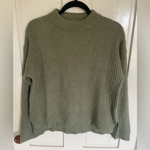 Garage Green Crew Neck Sweater with Ribbed Texture Essential Basic Work Casual - Picture 4 of 14